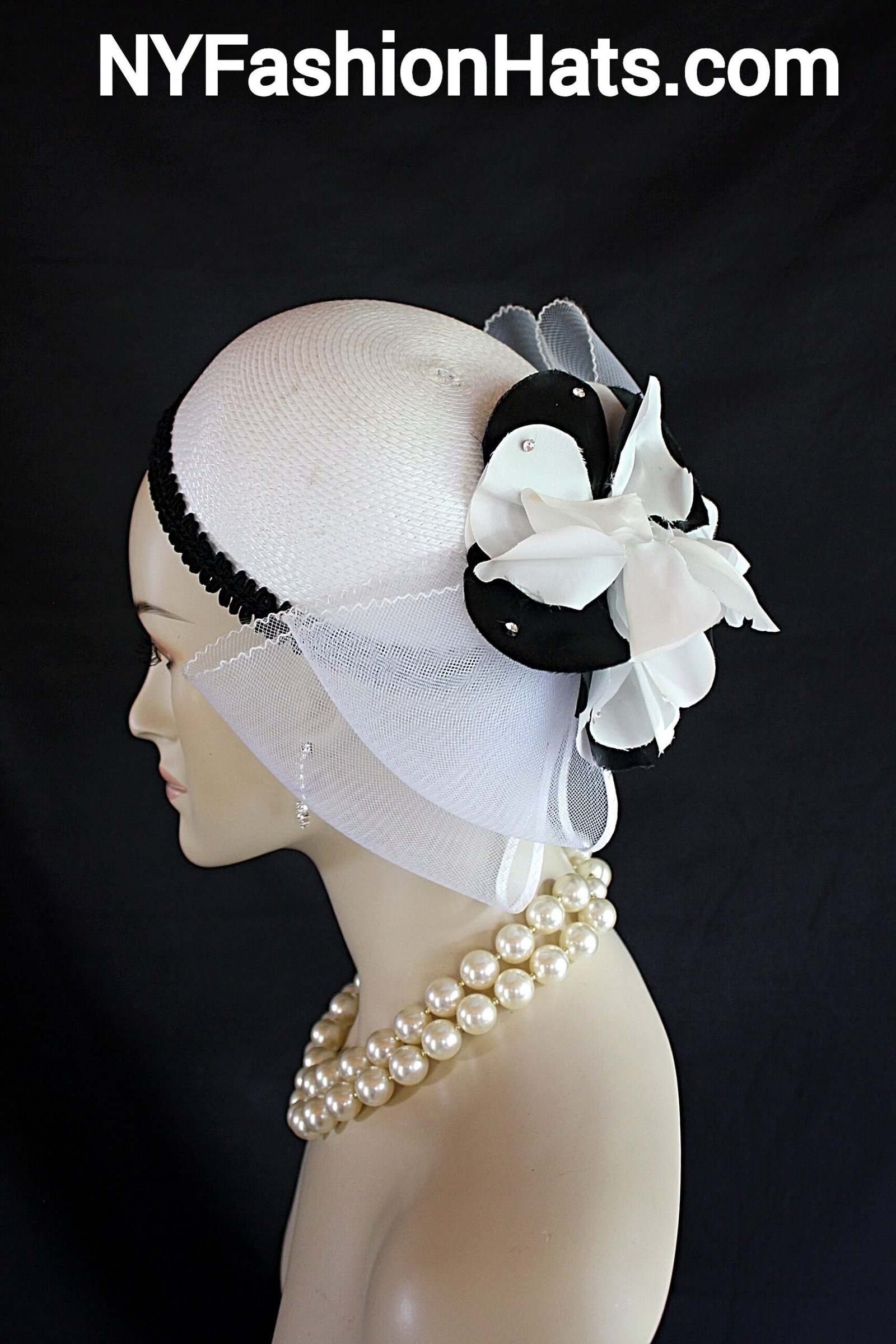 White Black Pillbox Cocktail Hat, Wedding Bridal Headpiece, Mother Of The Bride Hats, NY Fashion Hats, Haute Couture Millinery Horse Races - Image 9