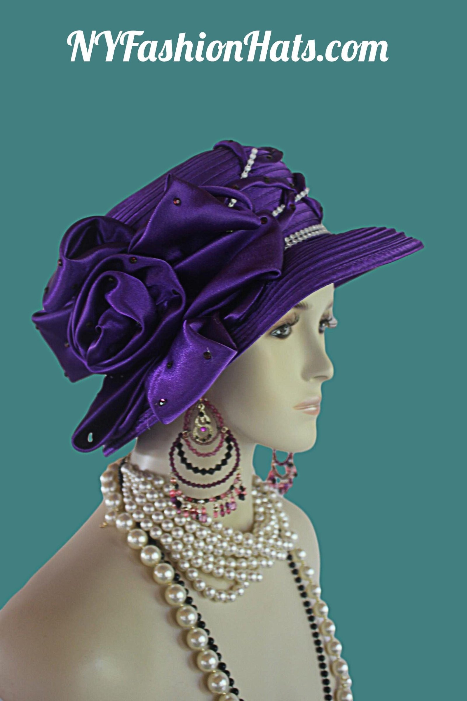Satin Hat Big Brim Purple White, Haute Couture Designer Hats, NY Fashion Hats, Formal Wedding Bridal Hat, Church Sabbath Hat, Dress Hats - Image 3