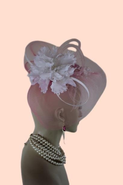 Haute Couture White Pink Designer Hat Wedding Fascinator, Formal Bridal Headpiece, Hats For Horse Races, Cocktail Hat, Mother Of The Bride - Image 8