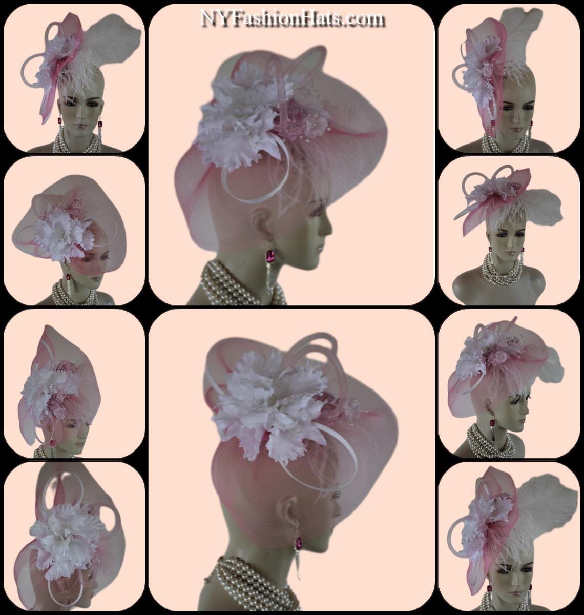 Haute Couture White Pink Designer Hat Wedding Fascinator, Formal Bridal Headpiece, Hats For Horse Races, Cocktail Hat, Mother Of The Bride - Image 10