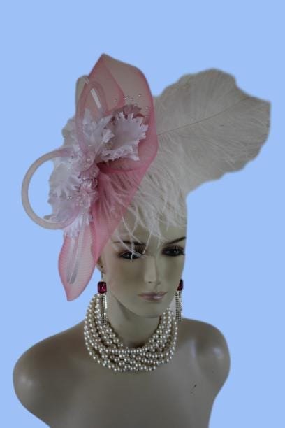 Haute Couture White Pink Designer Hat Wedding Fascinator, Formal Bridal Headpiece, Hats For Horse Races, Cocktail Hat, Mother Of The Bride - Image 9