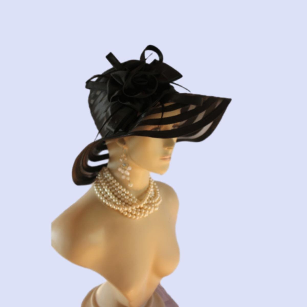 Black Satin Haute Couture Large Brim Hat Women, Formal Dress Church Hat, NY Fashion Hats , Ladies Designer Hats, Wedding Guest Hat Races - Image 3