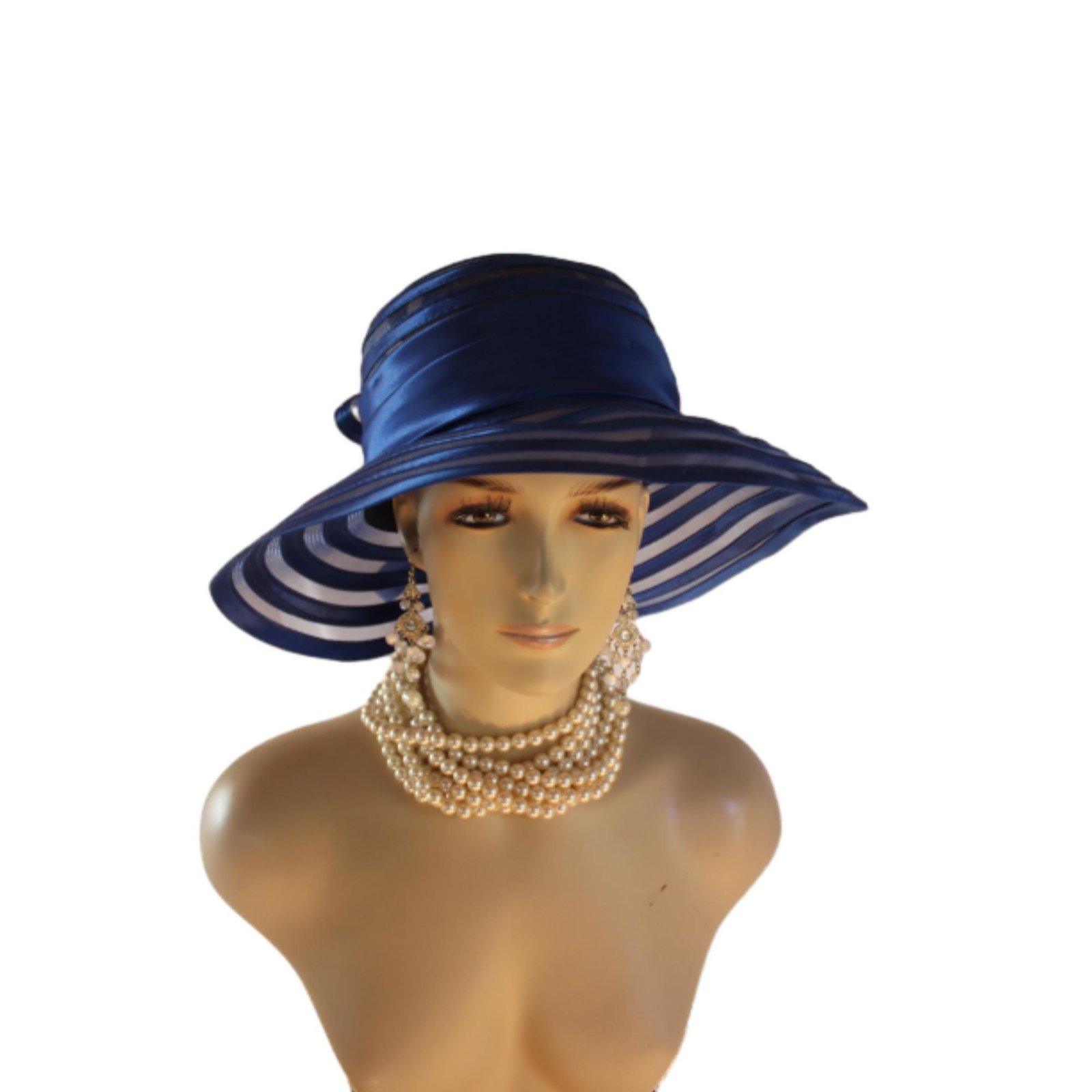 Royal Navy Blue Satin Haute Couture Big Brim Hat Women, Formal Dress Church Hat, NY Fashion Hats, Haute Couture Wedding Designer Bridal Hat - Image 6