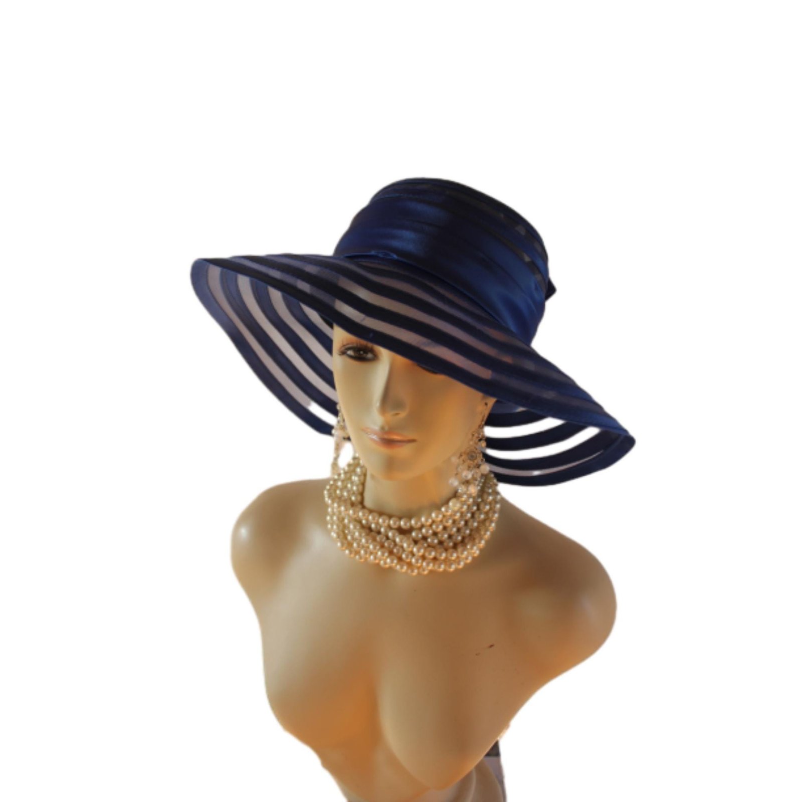 Royal Navy Blue Satin Haute Couture Big Brim Hat Women, Formal Dress Church Hat, NY Fashion Hats, Haute Couture Wedding Designer Bridal Hat - Image 7
