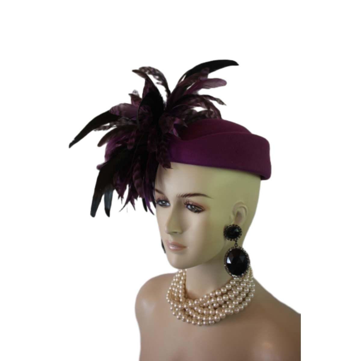 Avant Garde Purple Feathered Pillbox Designer Hat For Women, Haute Couture Wedding Bridal Fashion Hat Headpiece, Hats For Horse Races Derby - Image 7