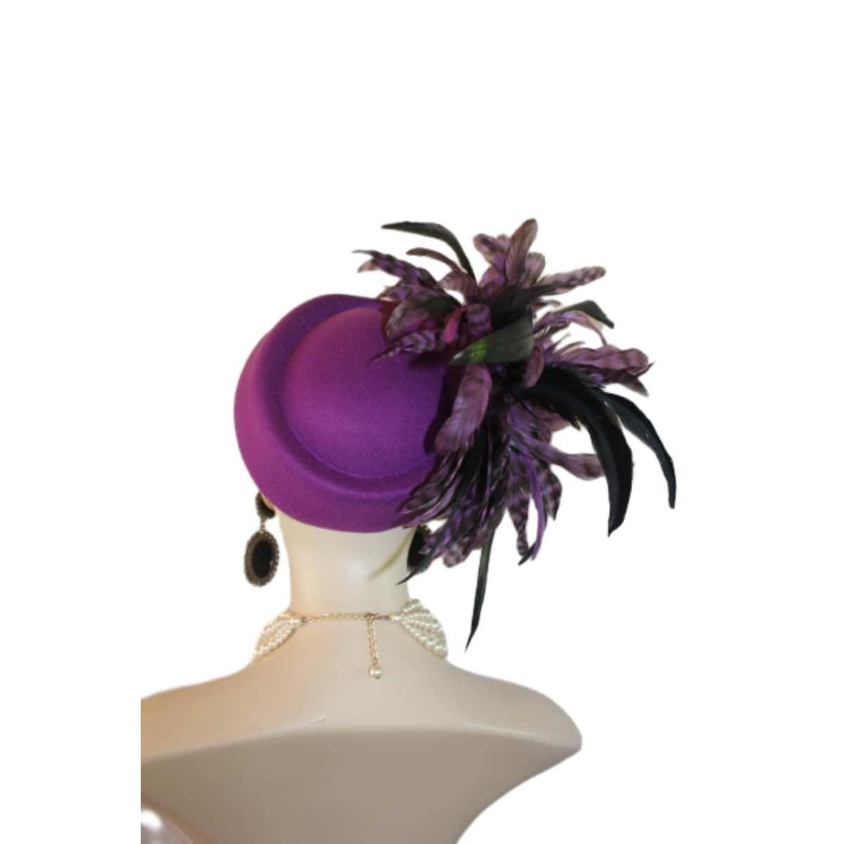 Avant Garde Purple Feathered Pillbox Designer Hat For Women, Haute Couture Wedding Bridal Fashion Hat Headpiece, Hats For Horse Races Derby - Image 9