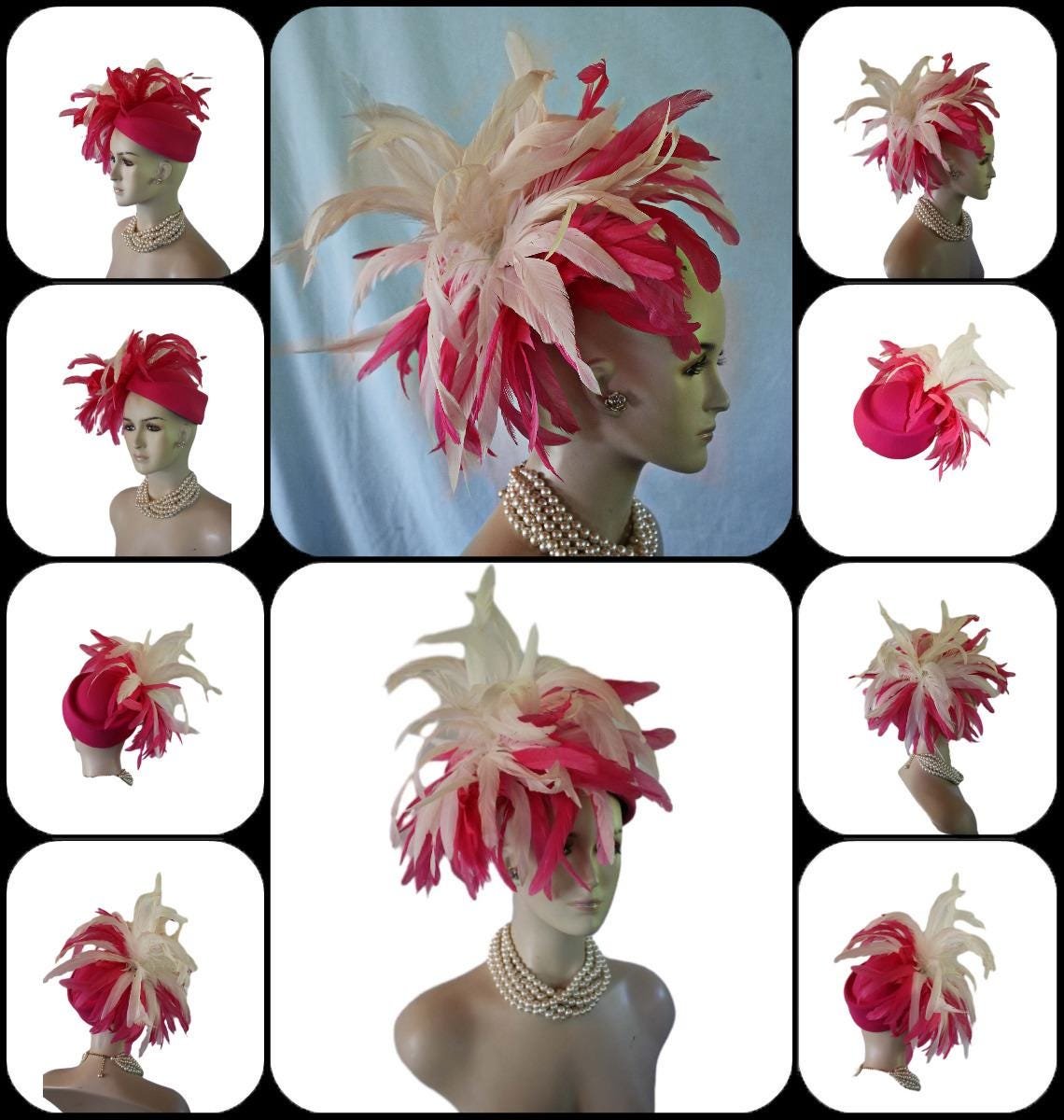 Avant Garde Hot Pink White Pillbox Designer Hat For Women, Haute Couture Wedding Bridal Fashion Hat Headpiece, Hats For Horse Races Derby - Image 2