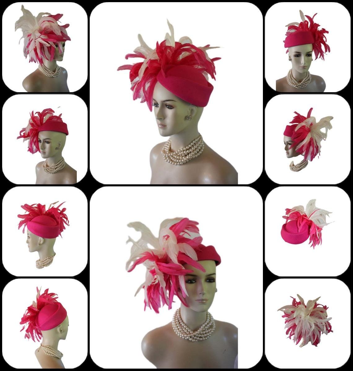Avant Garde Hot Pink White Pillbox Designer Hat For Women, Haute Couture Wedding Bridal Fashion Hat Headpiece, Hats For Horse Races Derby - Image 3