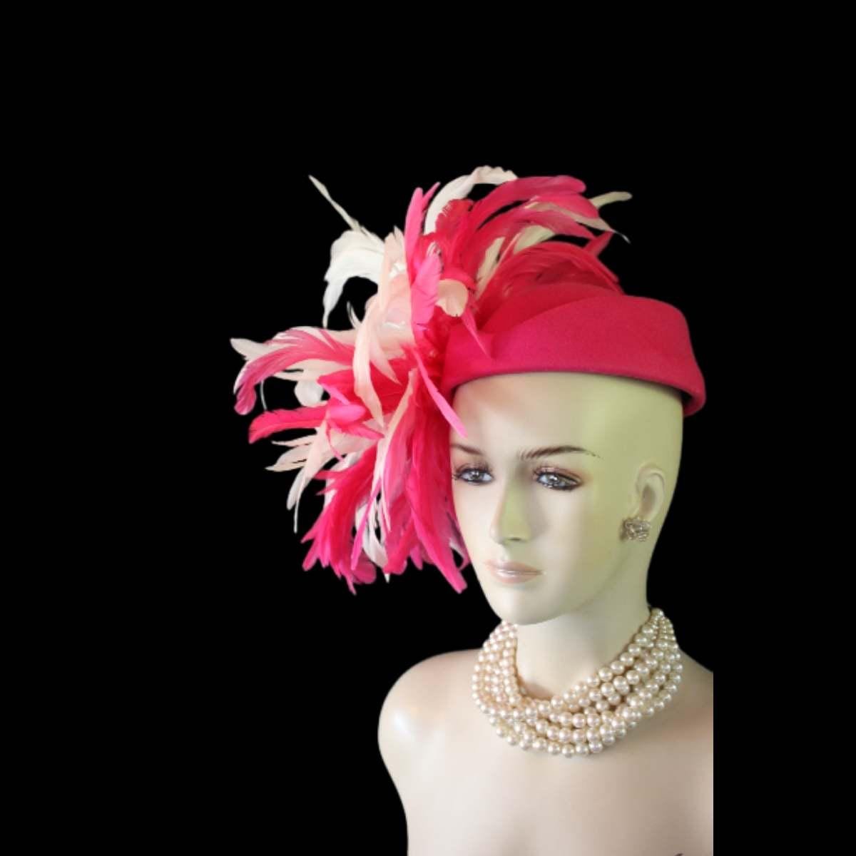 Avant Garde Hot Pink White Pillbox Designer Hat For Women, Haute Couture Wedding Bridal Fashion Hat Headpiece, Hats For Horse Races Derby - Image 5
