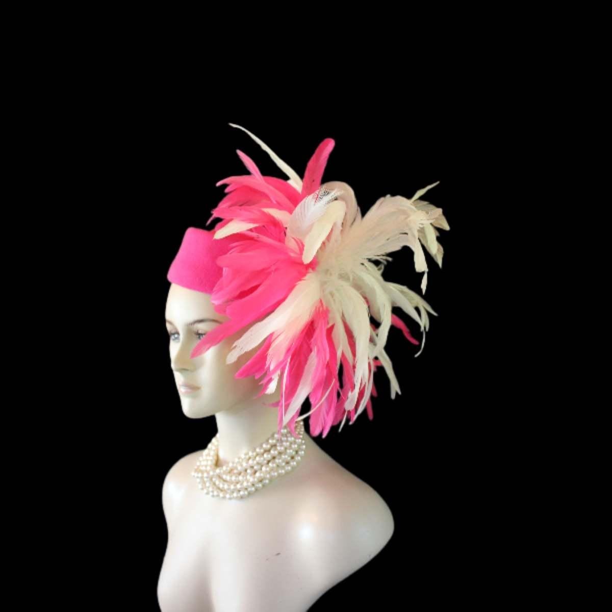 Avant Garde Hot Pink White Pillbox Designer Hat For Women, Haute Couture Wedding Bridal Fashion Hat Headpiece, Hats For Horse Races Derby - Image 9