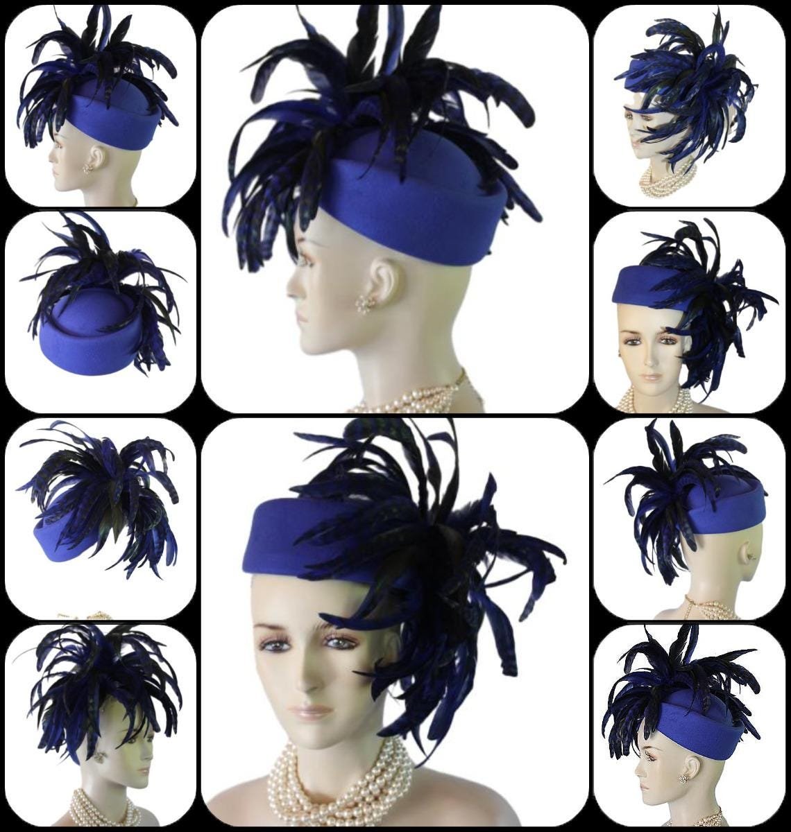 Avant Garde Royal Blue Designer Pillbox Fashion Hat Women, Haute Couture Wedding Bridal Hat Headpiece, Mother Of The Bride, Dress Hats Races - Image 4