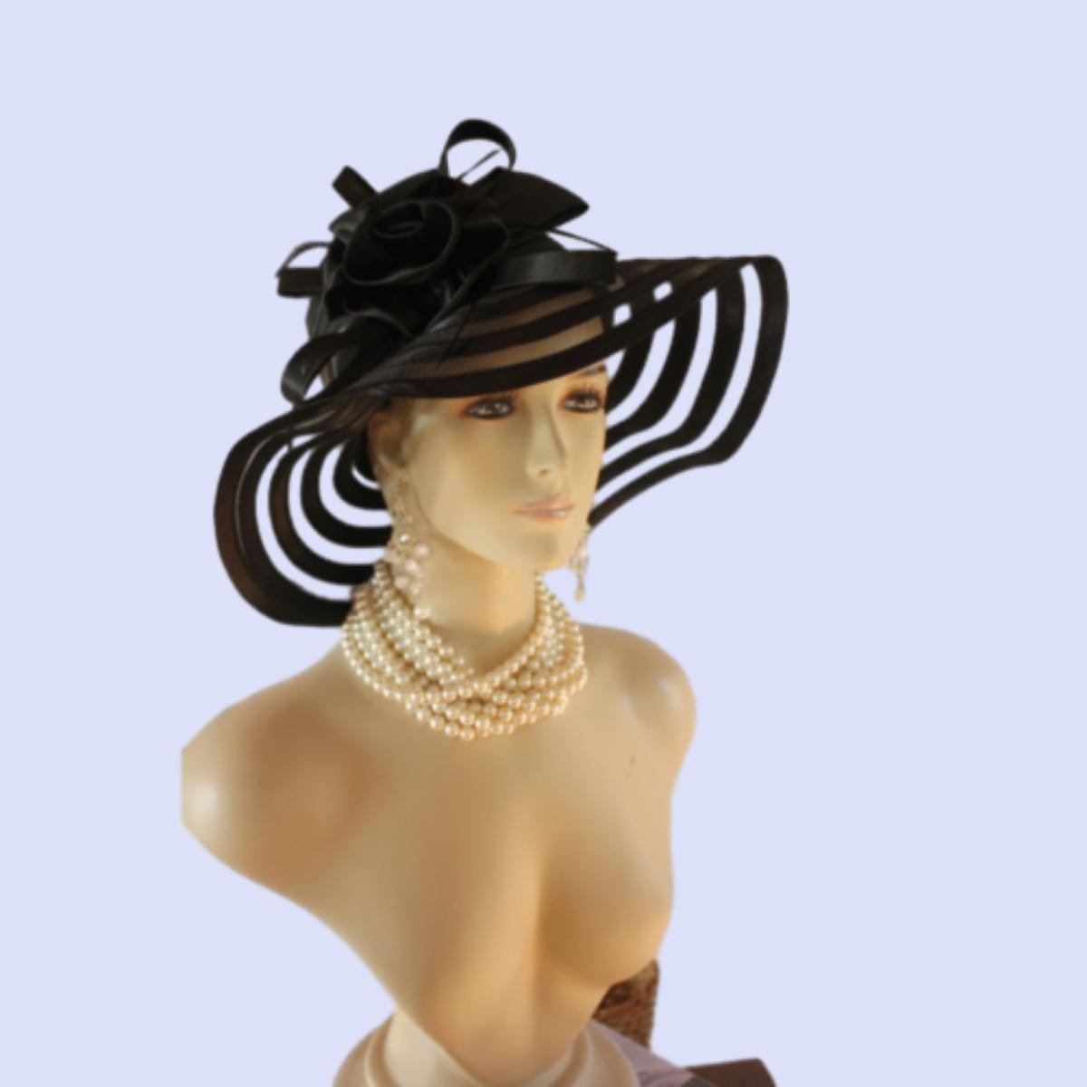 Black Satin Haute Couture Large Brim Hat Women, Formal Dress Church Hat, NY Fashion Hats , Ladies Designer Hats, Wedding Guest Hat Races - Image 6