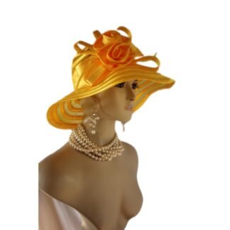 Gold Yellow Satin Haute Couture Big Brim Hat Women, Formal Dress Church Hat, NY Fashion Hats , Ladies Designer Hats, Wedding Guest Hat Races