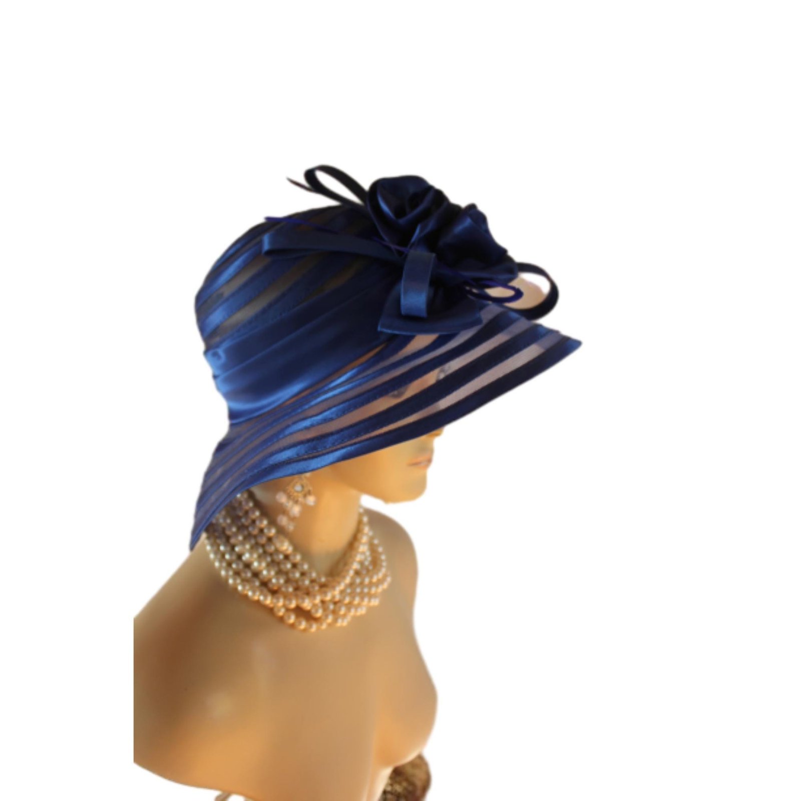 Royal Navy Blue Satin Haute Couture Big Brim Hat Women, Formal Dress Church Hat, NY Fashion Hats, Haute Couture Wedding Designer Bridal Hat - Image 3
