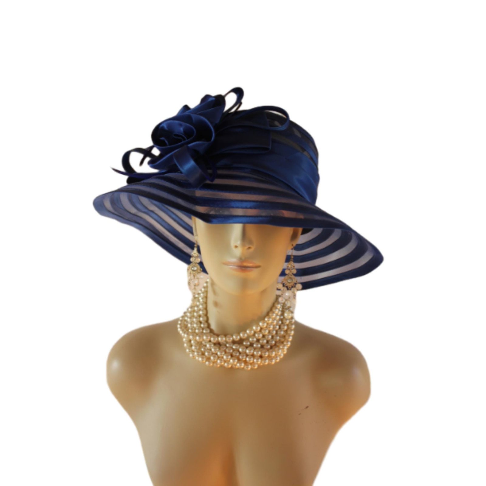 Royal Navy Blue Satin Haute Couture Big Brim Hat Women, Formal Dress Church Hat, NY Fashion Hats, Haute Couture Wedding Designer Bridal Hat - Image 4