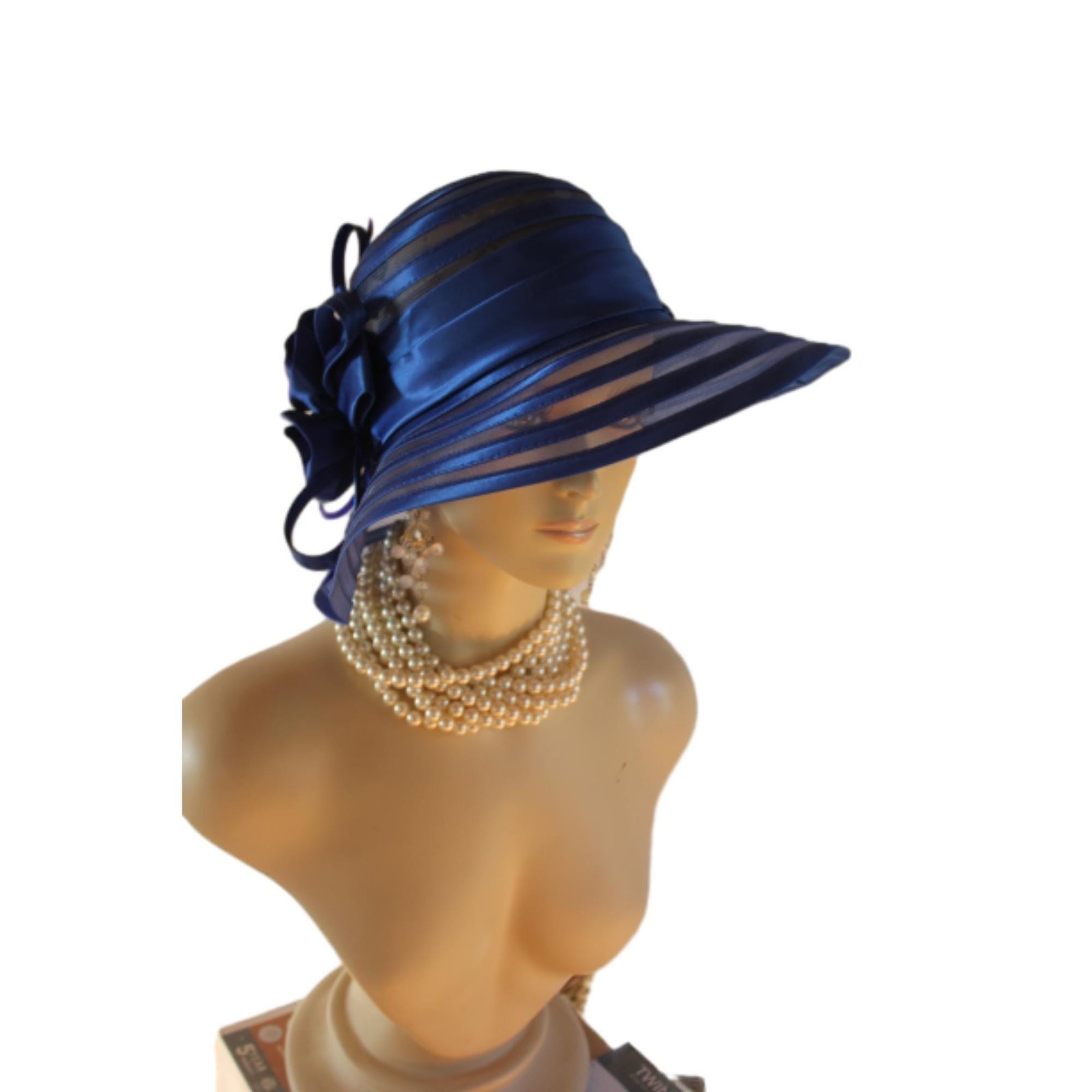 Royal Navy Blue Satin Haute Couture Big Brim Hat Women, Formal Dress Church Hat, NY Fashion Hats, Haute Couture Wedding Designer Bridal Hat - Image 5