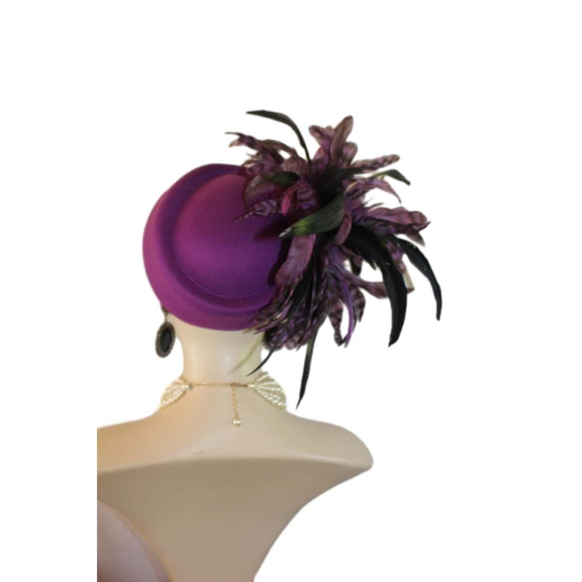 Avant Garde Purple Feathered Pillbox Designer Hat For Women, Haute Couture Wedding Bridal Fashion Hat Headpiece, Hats For Horse Races Derby - Image 3
