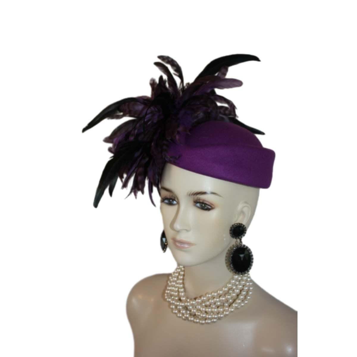 Avant Garde Purple Feathered Pillbox Designer Hat For Women, Haute Couture Wedding Bridal Fashion Hat Headpiece, Hats For Horse Races Derby - Image 4