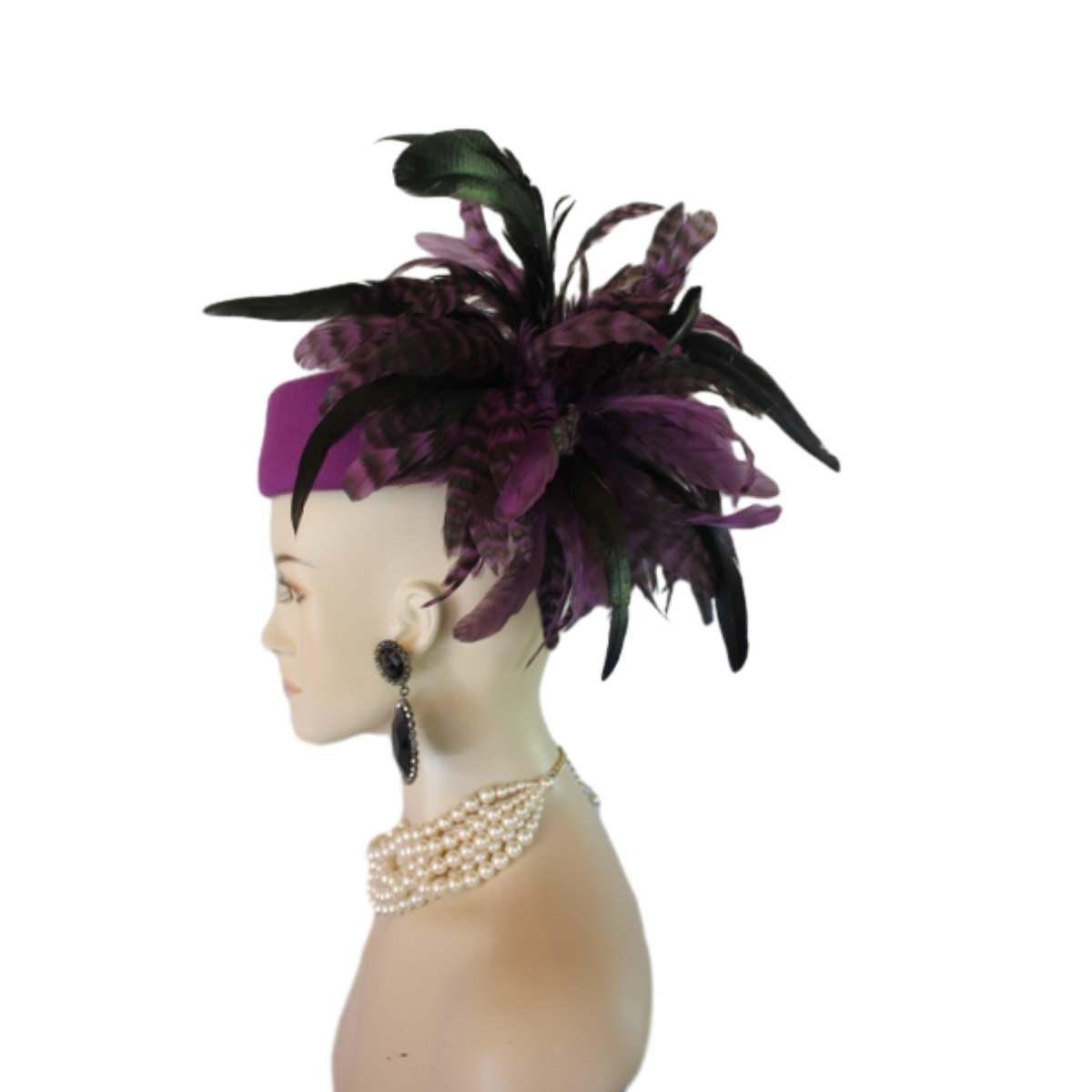 Avant Garde Purple Feathered Pillbox Designer Hat For Women, Haute Couture Wedding Bridal Fashion Hat Headpiece, Hats For Horse Races Derby - Image 6