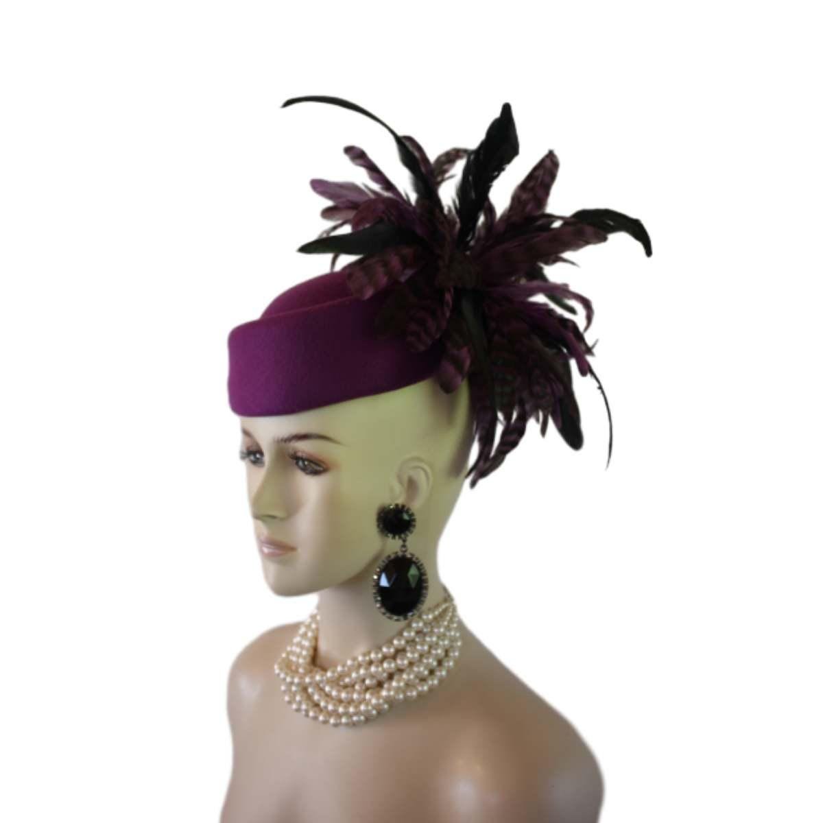Avant Garde Purple Feathered Pillbox Designer Hat For Women, Haute Couture Wedding Bridal Fashion Hat Headpiece, Hats For Horse Races Derby - Image 10