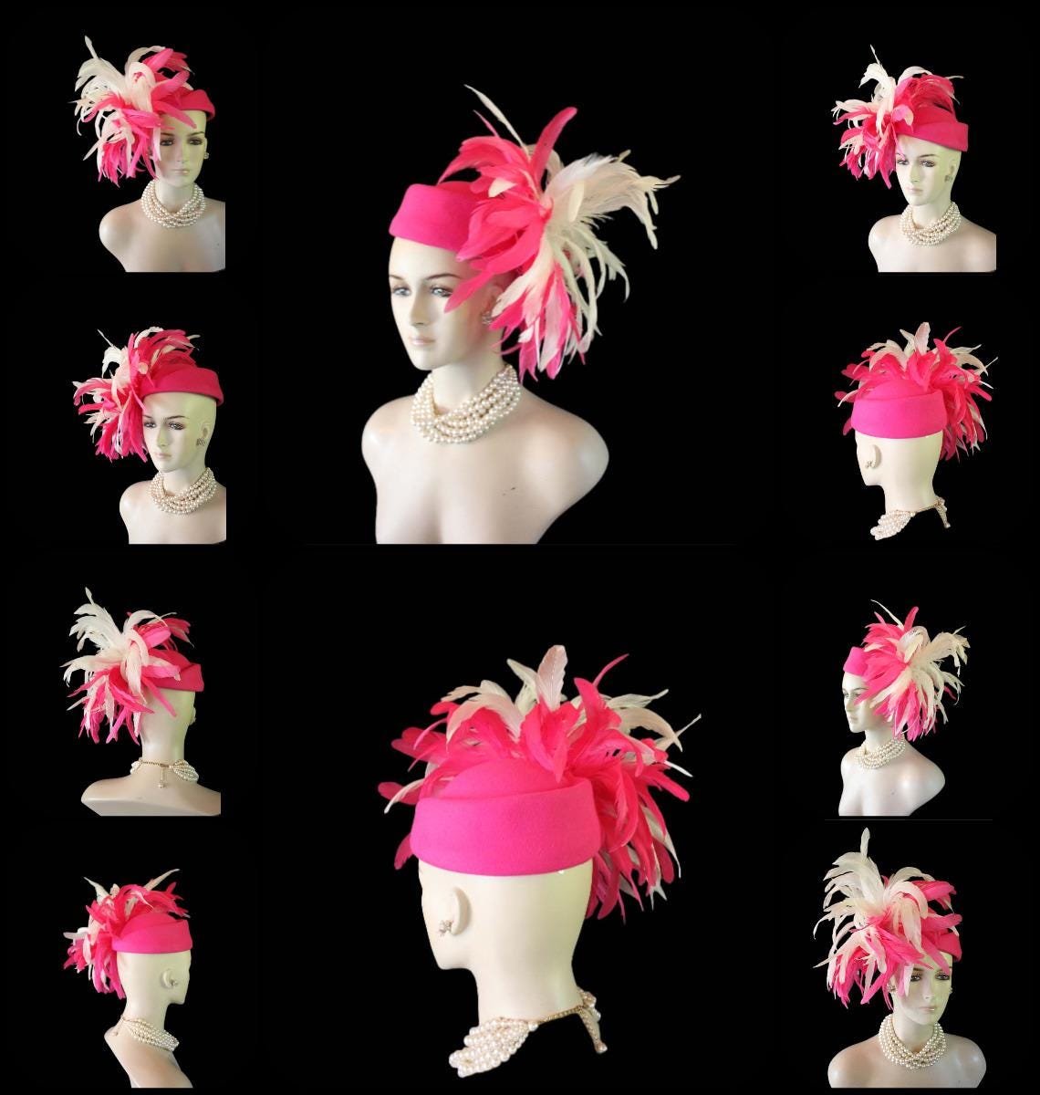 Avant Garde Hot Pink White Pillbox Designer Hat For Women, Haute Couture Wedding Bridal Fashion Hat Headpiece, Hats For Horse Races Derby - Image 4