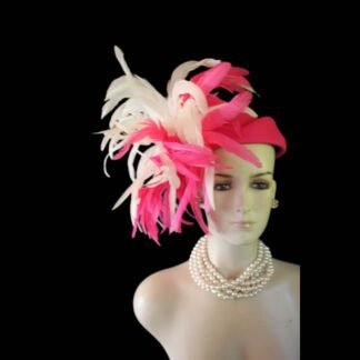 Avant Garde Hot Pink White Pillbox Designer Hat For Women, Haute Couture Wedding Bridal Fashion Hat Headpiece, Hats For Horse Races Derby