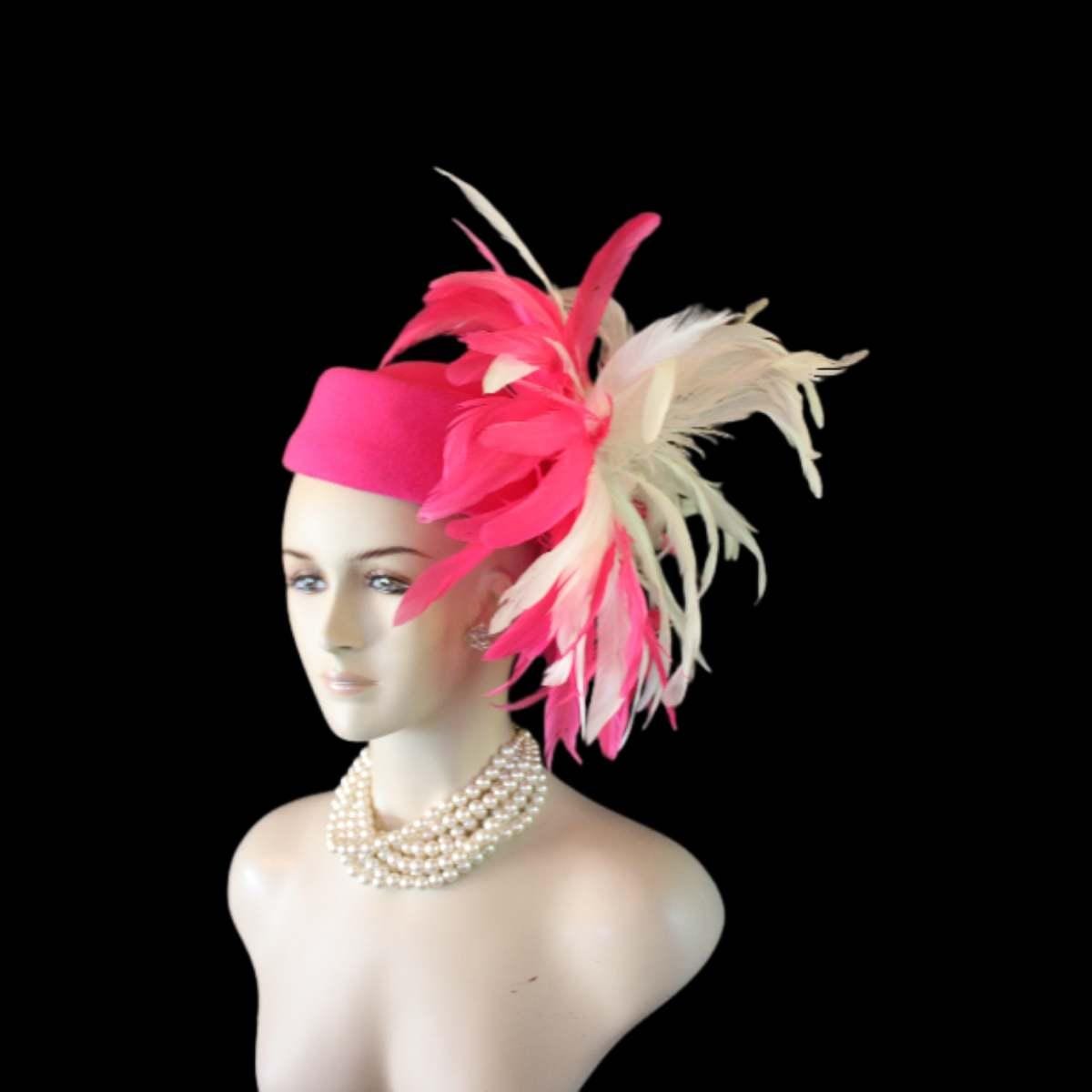 Avant Garde Hot Pink White Pillbox Designer Hat For Women, Haute Couture Wedding Bridal Fashion Hat Headpiece, Hats For Horse Races Derby - Image 7