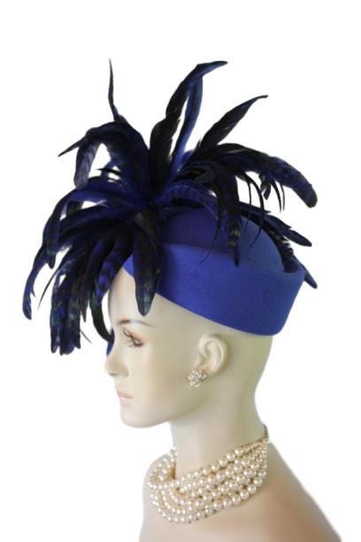 Avant Garde Royal Blue Designer Pillbox Fashion Hat Women, Haute Couture Wedding Bridal Hat Headpiece, Mother Of The Bride, Dress Hats Races