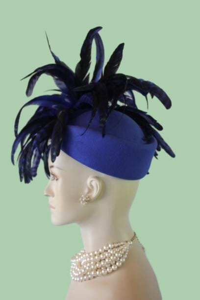 Avant Garde Royal Blue Designer Pillbox Fashion Hat Women, Haute Couture Wedding Bridal Hat Headpiece, Mother Of The Bride, Dress Hats Races - Image 9