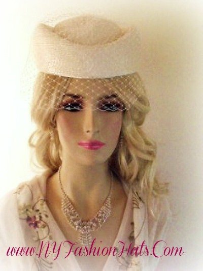 Formal White Pillbox Wedding Bridal Church Hat Embellished With A Birdcage Veil