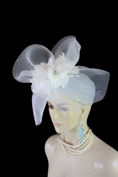 Ladies Designer Baby Blue White Pillbox Wedding Bridal Fashion Hat