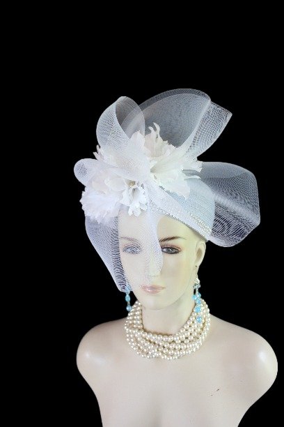 Ladies Designer Baby Blue White Pillbox Formal Mother Of The Bride Hat