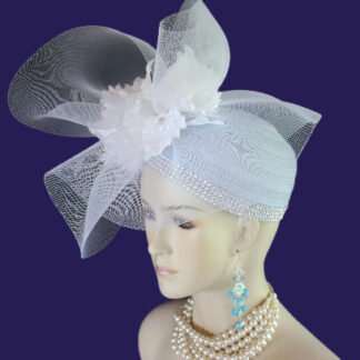 Women's Baby Blue And White Haute Couture Designer Pillbox Wedding Hat Hedpiece