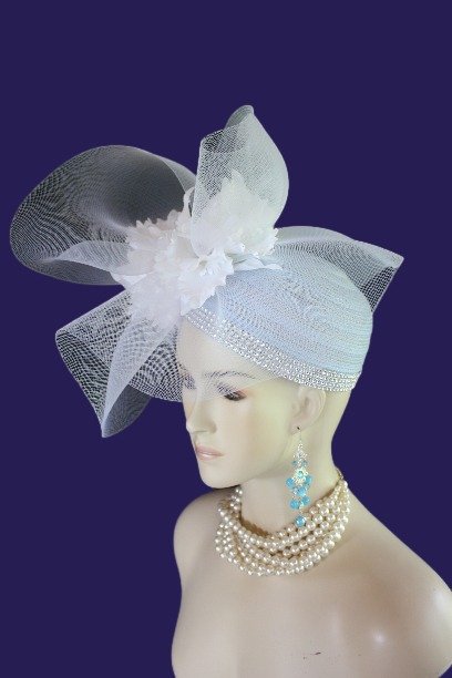 Women's Baby Blue And White Haute Couture Designer Pillbox Wedding Hat Hedpiece