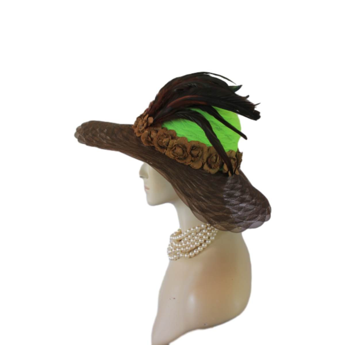 Avant Garde Brown Lime Wide Brimmed Fashion Hat, Ladies Church Hat, Wedding Bridal Hat Headpiece By NYFashionHats.com
