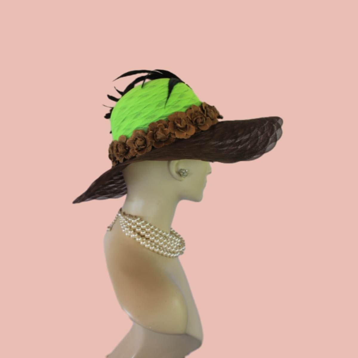 Avant Garde Brown Lime Wide Brimmed Haute Couture Fashion Hat, Ladies Church Hat, Wedding Bridal Hat Headpiece By NYFashionHats.com