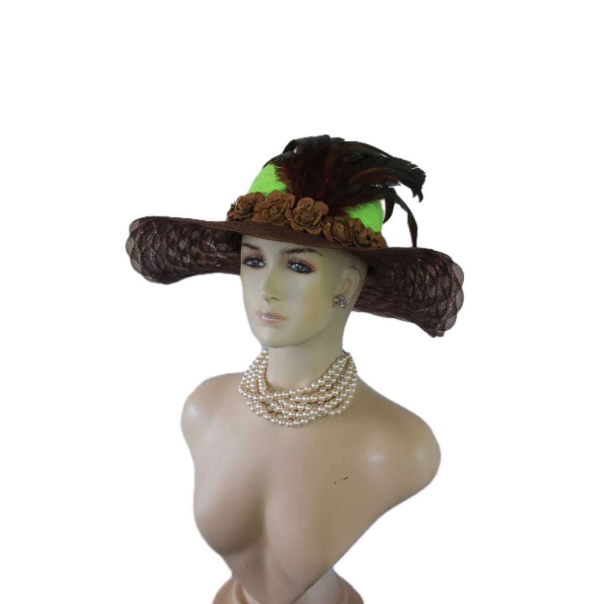 Avant Garde Brown Lime Wide Brimmed Haute Couture Fashion Hat, Ladies Church Hat, Wedding Bridal Hat Headpiece By NYFashionHats.com