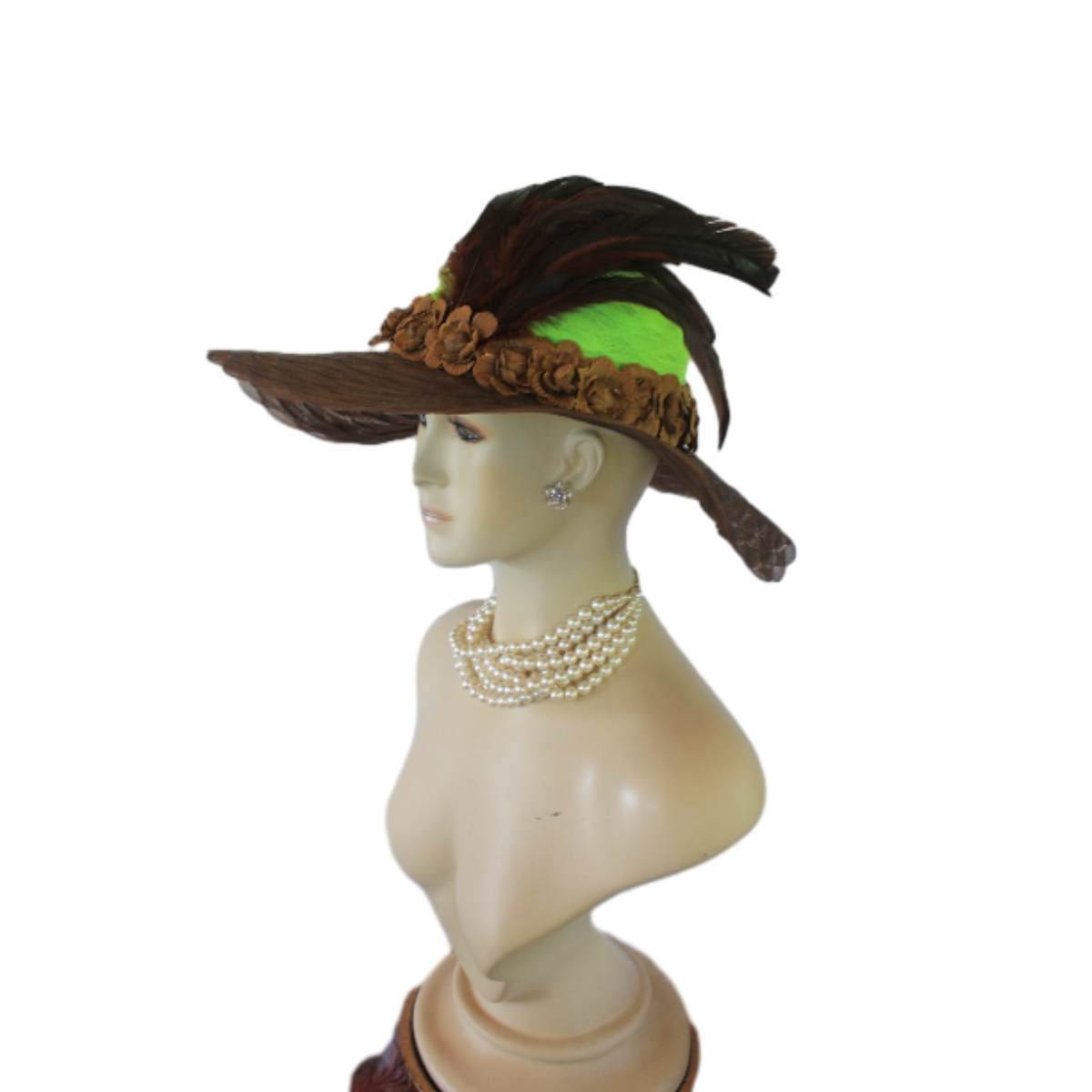 Avant Garde Brown Lime Wide Brimmed Haute Couture Fashion Hat, Ladies Church Hat, Wedding Bridal Hat Headpiece By NYFashionHats.com