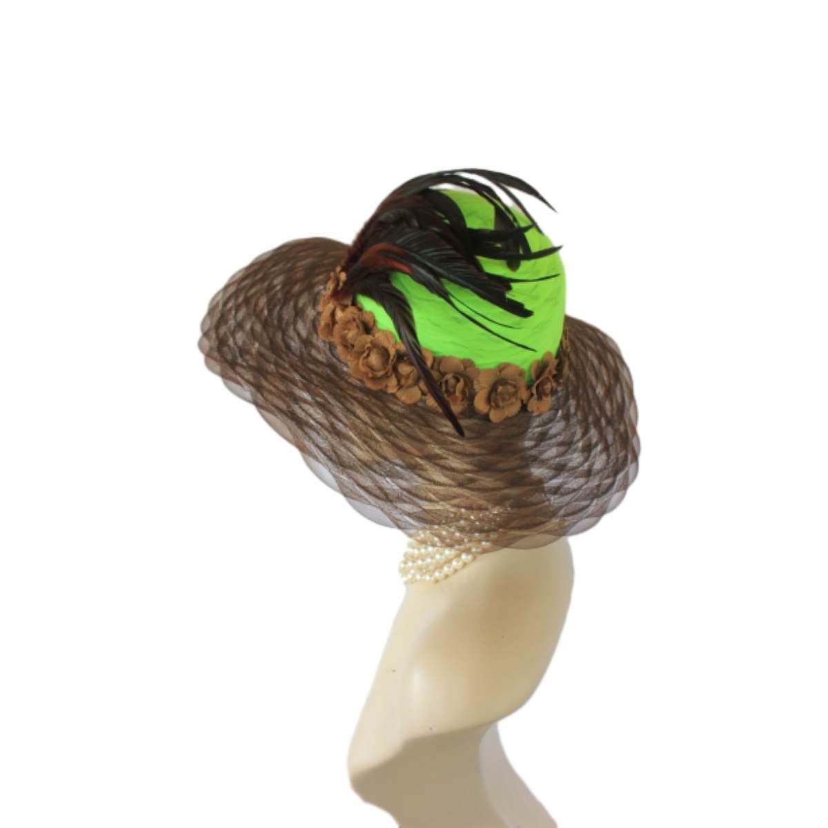 Brown Lime Green Haute Couture Fashion Hat For Women By NYFashionHats.com