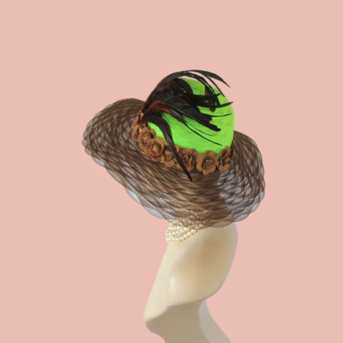 Brown Lime Green Haute Couture Fashion Hat For Women By NYFashionHats.com
