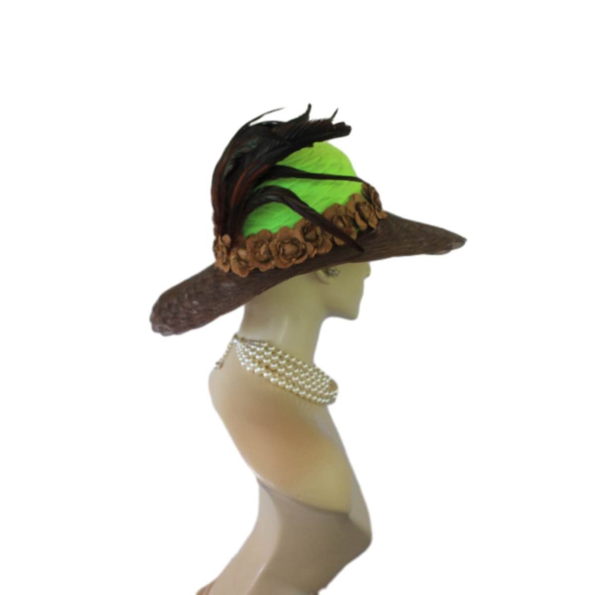 Avant Garde Brown Lime Wide Brimmed Haute Couture Fashion Hat, Ladies Church Hat, Wedding Bridal Hat Headpiece By NYFashionHats.com