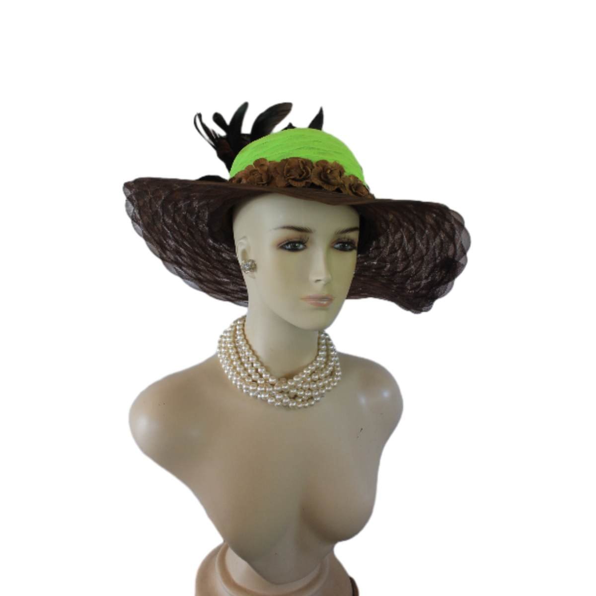 Avant Garde Brown Lime Wide Brimmed Haute Couture Fashion Hat, Ladies Church Hat, Wedding Bridal Hat Headpiece By NYFashionHats.com