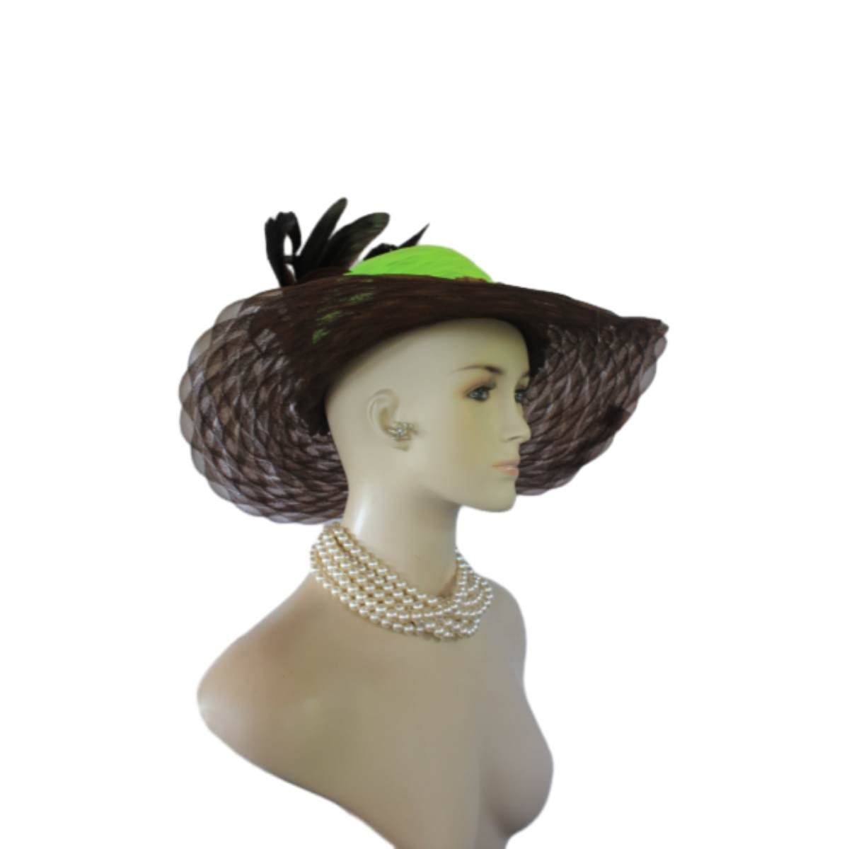 Avant Garde Brown Lime Wide Brimmed Haute Couture Fashion Hat, Ladies Church Hat, Wedding Bridal Hat Headpiece By NYFashionHats.com