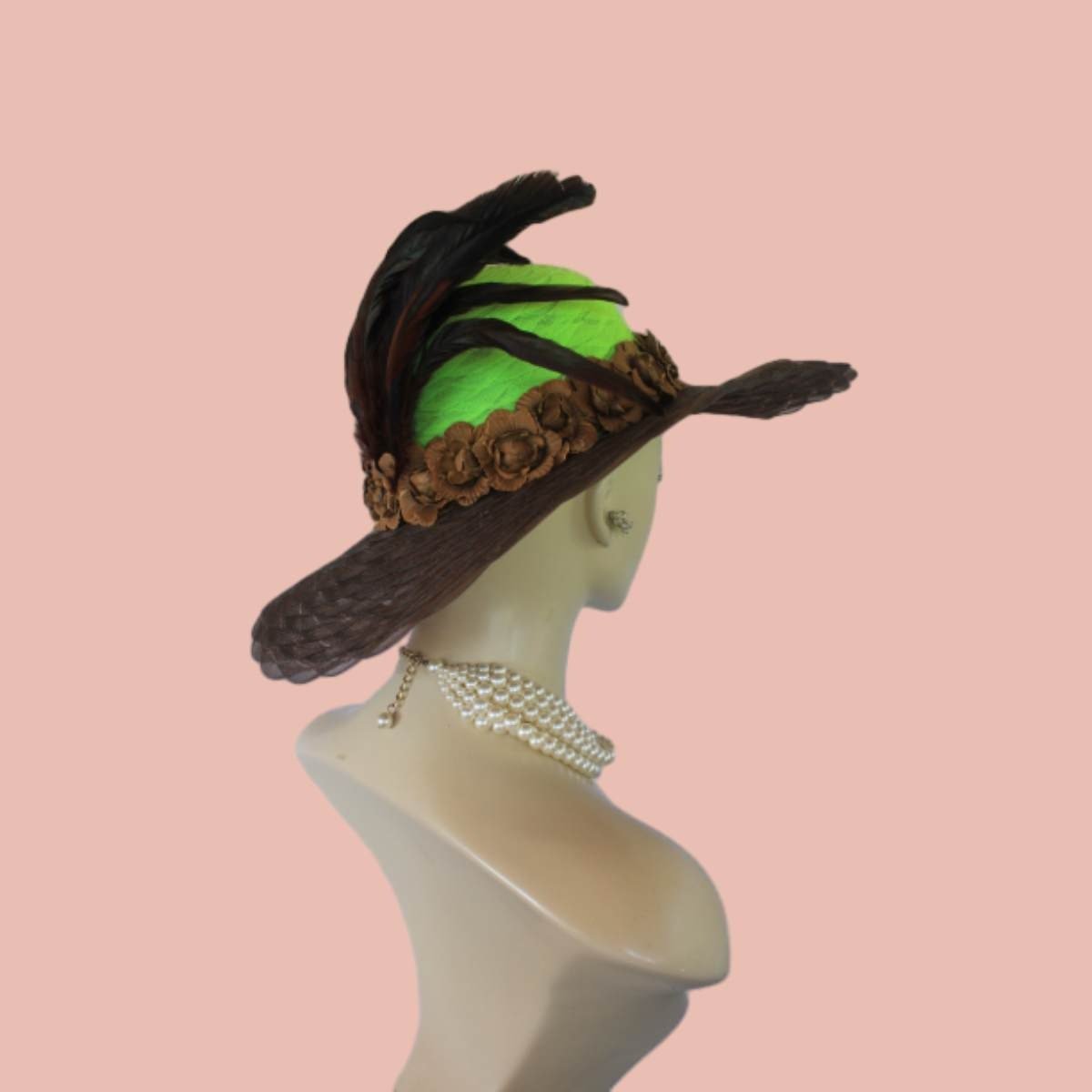 Avant Garde Brown Lime Wide Brimmed Haute Couture Fashion Hat, Ladies Church Hat, Wedding Bridal Hat Headpiece By NYFashionHats.com