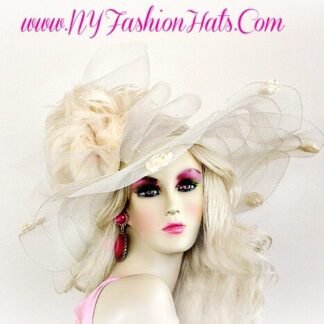 Ivory Wide Brim Haute Couture Special Occasion Designer Fashion Hat Embellished With A Large Sheer Bow And Ivory Feathers, Enhanced With Rosettes Around The Edges Of The Hats Brim. This Fashion Hat, Is Suited For Church, A Wedding, A Formal Event, Parties, Holidays, Horse Races, And The Kentucky Derby. Custom Made And Designed By www.NYFashionHats.ComNYFashionHats Haute Couture Millinery Headwear For Women
