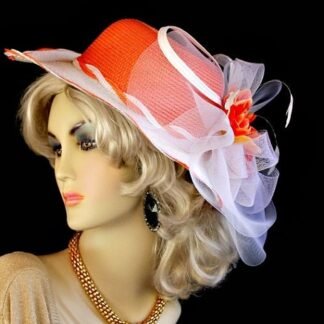 Women's Orange And White, Or Yellow And White, Wide Brim Fashion Designer Hat With A White Bow And Flowers. This Special Occasion Hat, Is Suited For Horse Races, The Kentucky Derby, The Belmont Stakes, The Preakness, Breeder's Cup, Easter, Church, Temple, Parties, And Formals. A Perfect Dress Hat, For Winter, Spring, Summer Or Fall. Custom Made And Designed By www.NYFashionHats.Com.NYFashionHats Haute Couture Millinery Headwear For Women https://nyfashionhats.etsy.com