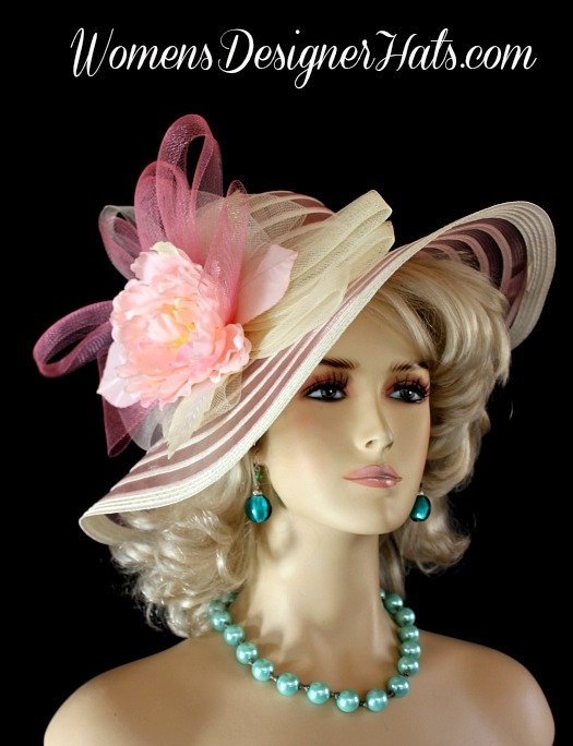 Ladies Sheer Ivory And Pastel Pink Haute Couture Wide Brim Dress Hat For Weddings Formals And The Kentucky Derby. This Avant Garde Feminine Hat Is Trimmed With A Large Ivory And Pink Netting Crinoline Bow, Enhanced With A Lovely Pastel Pink Silk Peony Flower, Accented With Pink And Ivory Vintage Millinery Silk Leaves. Designed And Custom Made By NYFashionHats.com Custom Millinery Headwear Women's Apparel.