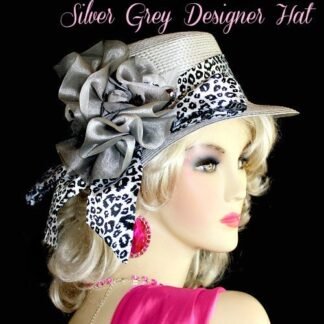 Silver Grey Designer Custom Made Hat For Women, For Dress Up Or Casual Wear, With A Black And White Leopard Animal Print Sash And Band. A Silver Grey Organza Bow, With Custom Made Silk Grey Flowers, With Grey Sequin, Gives This Dress Hat Such Style.This Fashion Hat, Is Suited For Winter, Spring, Summer Or Fall.
