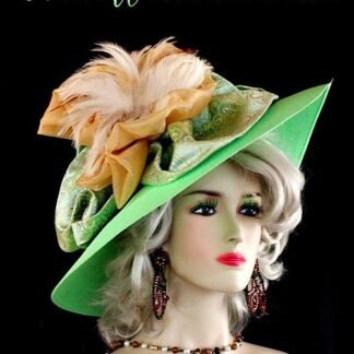 Ladies Lime Green Wide Brim Formal Fashion Kentucky Derby Hat. This Custom Made Women's Designer Hat Is Embellished With A Large Paisley Lime Green And Golden Yellow Paisley Embroidered Bow, Accented With A Gold Large Organza Bow. Ivory Feathers Are Placed Inside The Bow For Added Style. This Beautiful Designer Hat Is Suited For A Bride To Be On Her Wedding Day, Horse Races, The Kentucky Derby, Breeder's Cup, Maryland Million Day, Iroquois Steeplechase Horse Races, The Melbourne Cup, The Royal Ascot, Church, Weddings, Formals, And Special Occasion. This Fashion Hat Is Custom Made By Women's Hats, hatswomens.com.