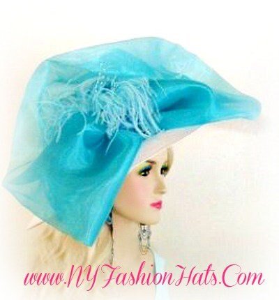 Avant Garde White Turquoise Blue Wide Brimmed Haute Couture Fashion Hats By NYFashionHats.com